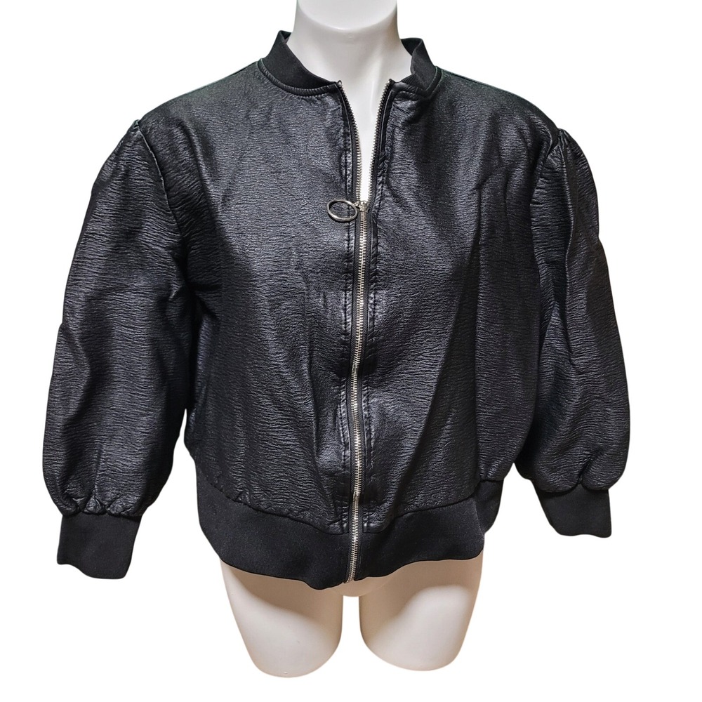 WoWo Black Faux Leather Bomber Jacket Textured quarter sleeve  Size 2XL y2k 90s